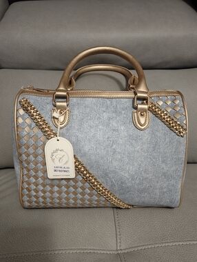 Gold-Trim Denim Satchel Handbag - Women Bags